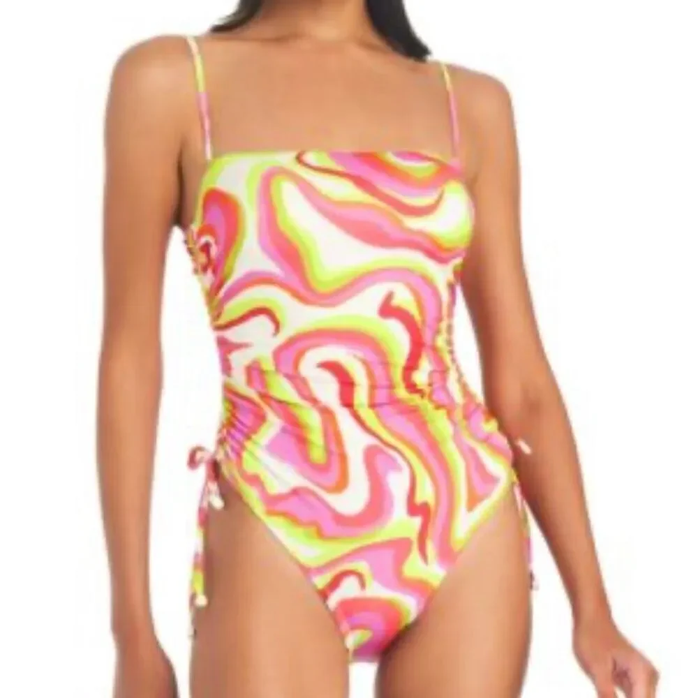 SANCTUARY Women's Neon Swirl Ruched-Side Swimsuit size Medium